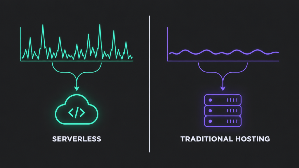Serverless vs traditional hosting comparison diagram showing spiky event-driven traffic versus steady traffic for a growing SaaS product